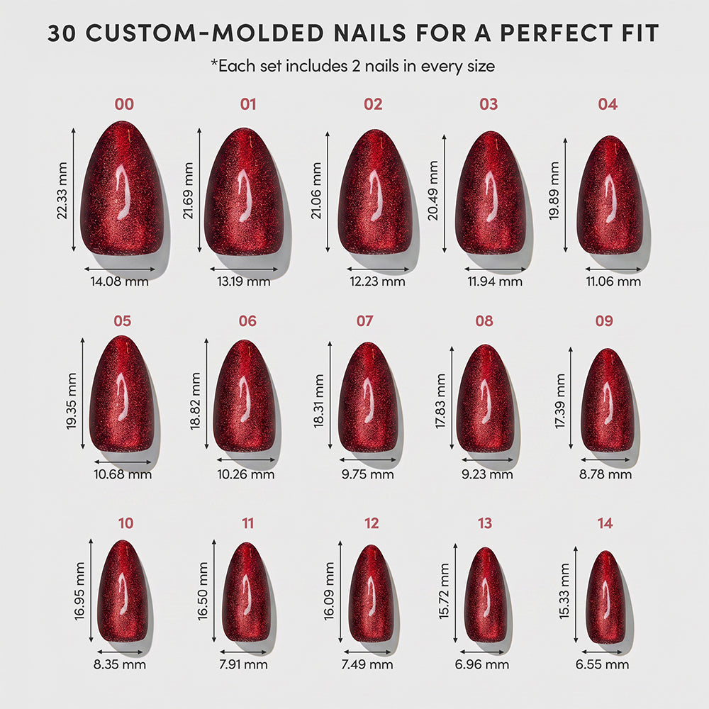 Ruby Slipper - A size chart for Glamnetic Ruby Slipper almond-shaped press-on nails, showing 15 pairs numbered 00 through 14 with corresponding width and length measurements in millimeters.