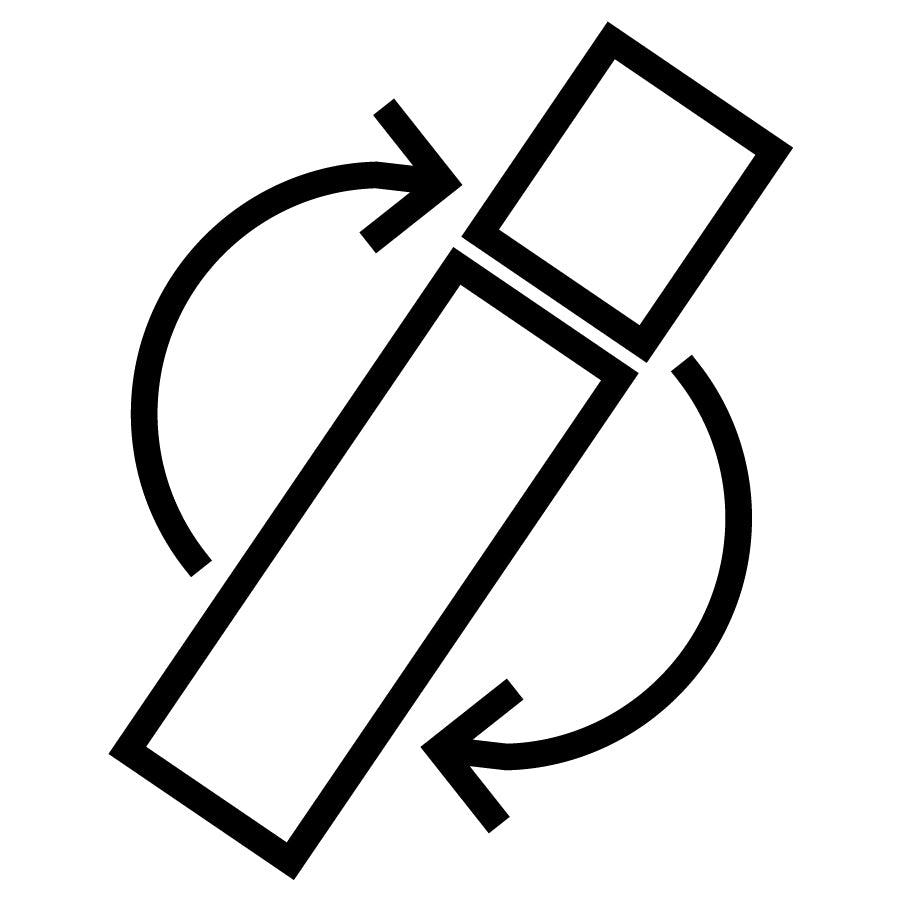 A long rectangle with a smaller square attached to one end, both outlined in black, with two curved arrows on either side, indicating rotation or flipping of the shapes.