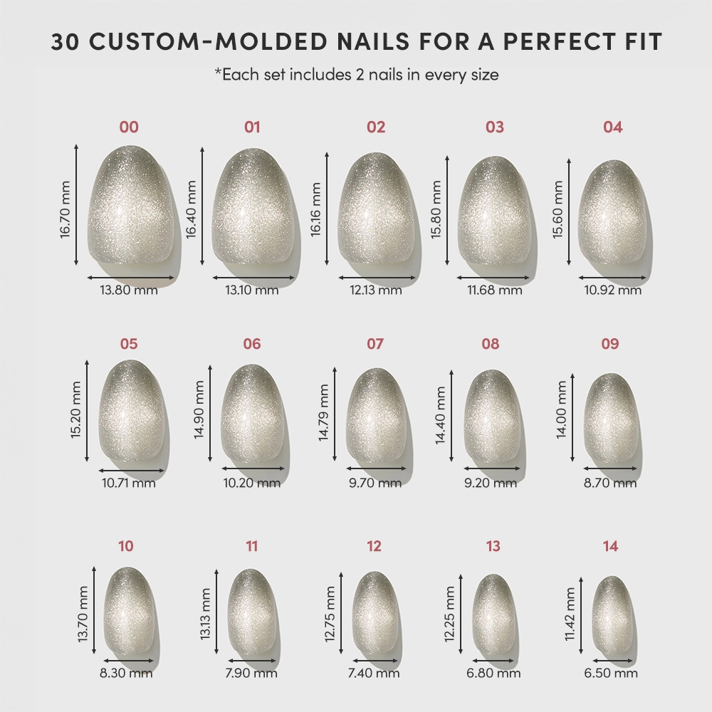 Chart showing all 15 sizes of glamnetic’s Sparkly Moss custom-molded press-on nails (sizes 00–14), each with length and width in millimeters; set includes 2 nails per size, for a total of 30 nails. - Product image