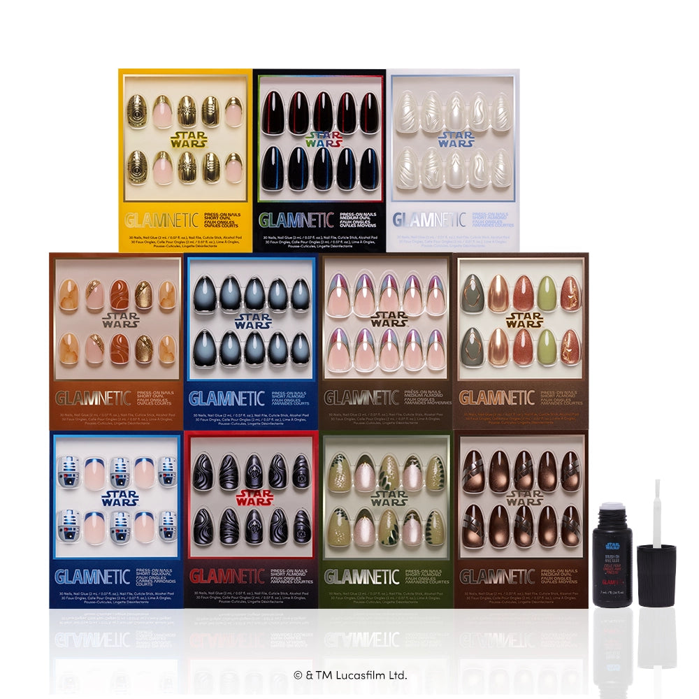 Twelve STAR WARS™ | Glamnetic Full Collection press-on nail sets by glamnetic—featuring limited edition designs in a variety of colors—are displayed in a grid. A bottle of nail glue and an applicator are placed to the right, providing you with salon-quality, galaxy-inspired press-on nails from glamnetic. - Product image