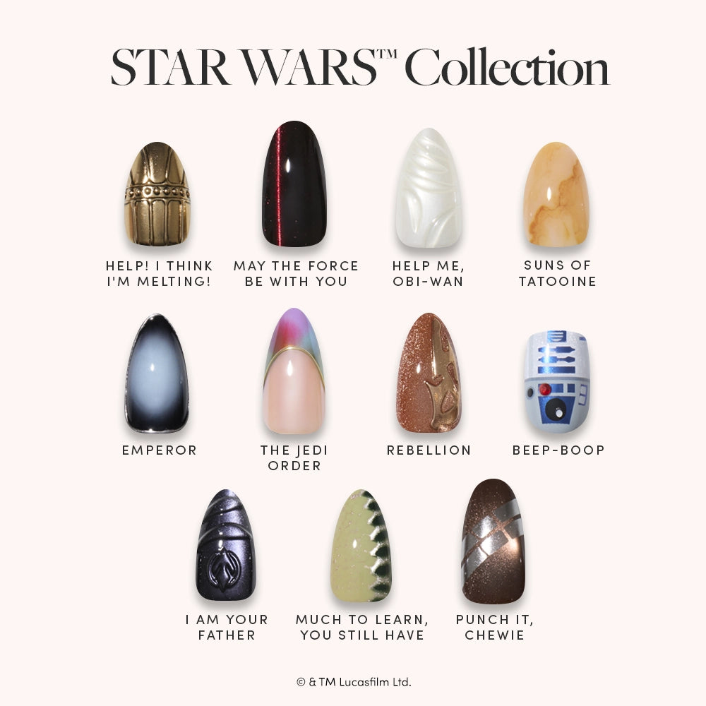 Celebrate your love for the galaxy far, far away with the STAR WARS™ | Glamnetic Full Collection from glamnetic—ten salon-quality press-on nails inspired by iconic characters and elements. Each limited edition set features unique designs and names like HELP! I THINK IM MELTING! and BEEP-BOOP, all beautifully displayed on a light background. Perfect for fans seeking to showcase their Star Wars fandom with standout style. - Product image