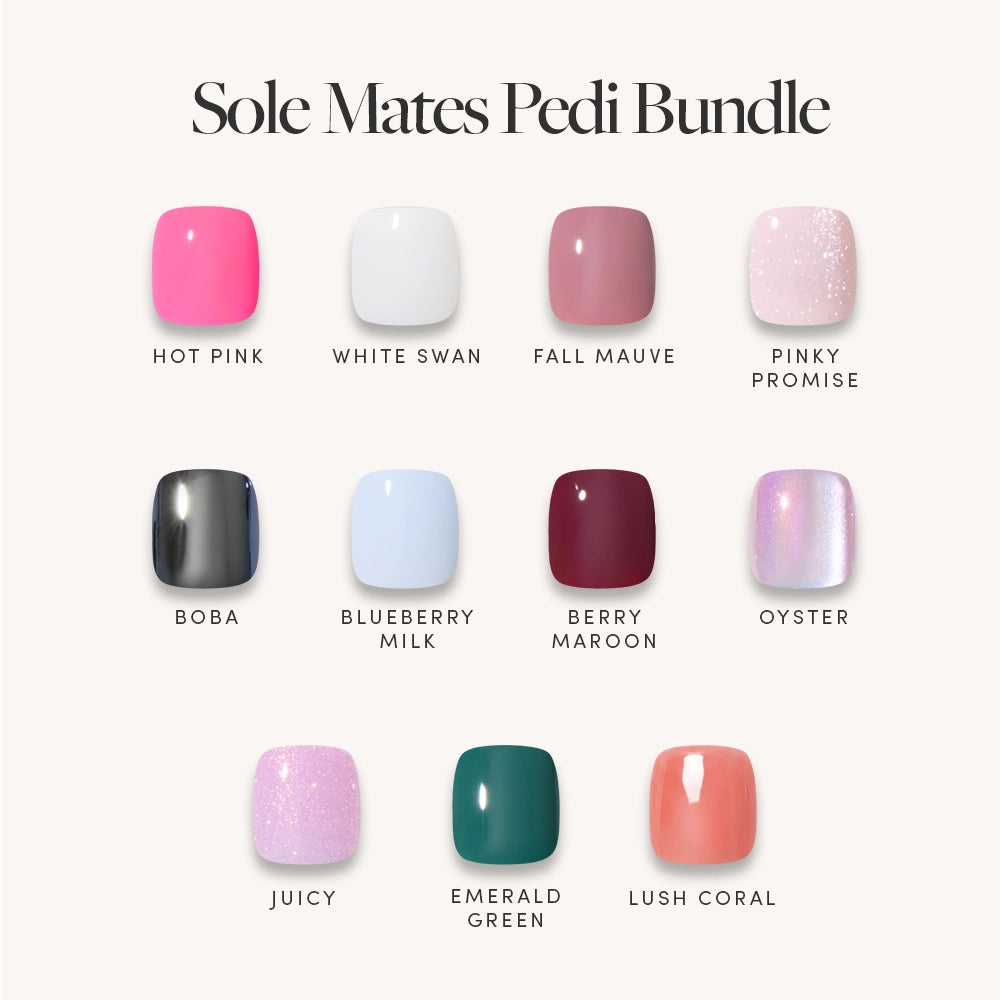 A grid of 11 glossy nail polish shades from glamnetic’s Sole Mates Pedi Bundle—including Hot Pink, White Swan, and Fall Mauve—offers the perfect colors for a summer pedicure.