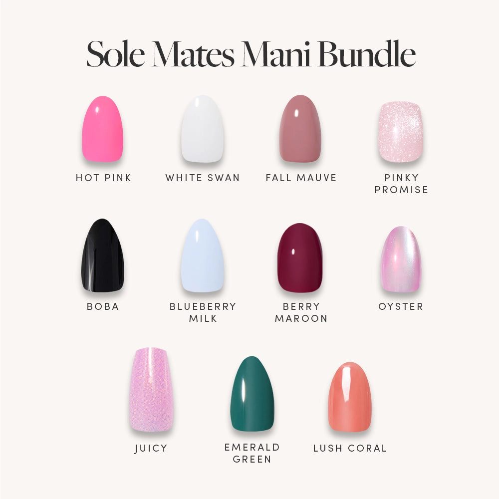 The glamnetic Sole Mates Mani Bundle displays 11 press-on nail samples labeled with colors: Hot Pink, White Swan, Fall Mauve, Pinky Promise, Boba, Blueberry Milk, Berry Maroon, Oyster, Juicy, Emerald Green, and Lush Coral.