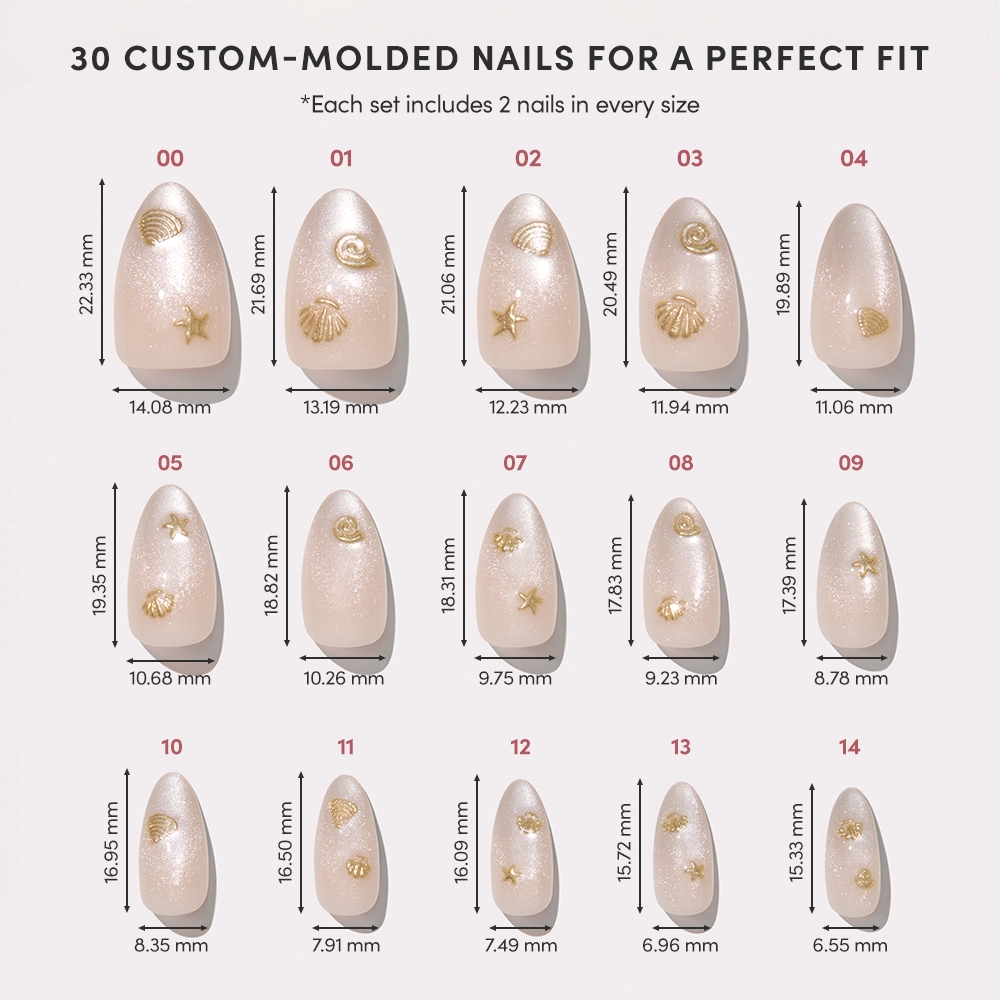 The Sanded Press-On Nail Set by glamnetic includes 15 custom-molded nails in pearl pink with gold seashell or star accents for mermaid vibes, each labeled with width and length in millimeters. - Product image