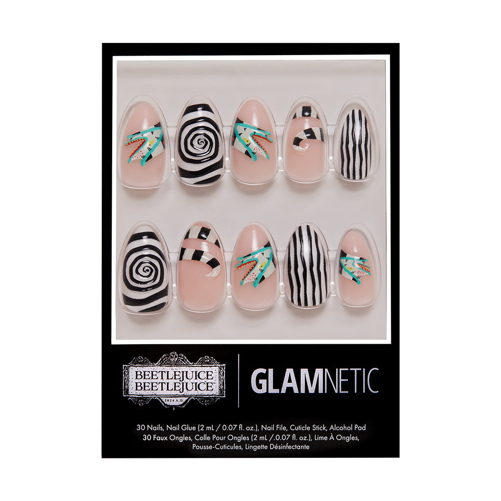 The glamnetic Sandworm nail set comes boxed, featuring black and white stripes, spirals, teal birds, and 3D accents on a nude base. The packaging highlights both Beetlejuice and glamnetic branding.