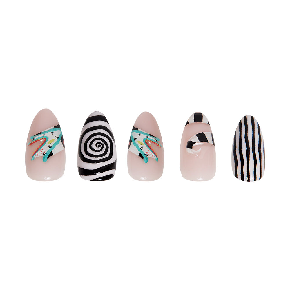 The glamnetic Sandworm set features five artificial nails with nude bases and bold, abstract black and white designs—stripes, a spiral, plus teal-orange 3D accents inspired by Beetlejuices iconic sandworms. - Product image