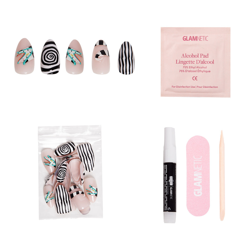 The glamnetic Sandworm press-on nail set features black, white, and turquoise Beetlejuice-inspired designs with 3D accents, extra nails, a nail glue pen, alcohol pad, pink file, and cuticle stick—all shown on a white background. - Product image