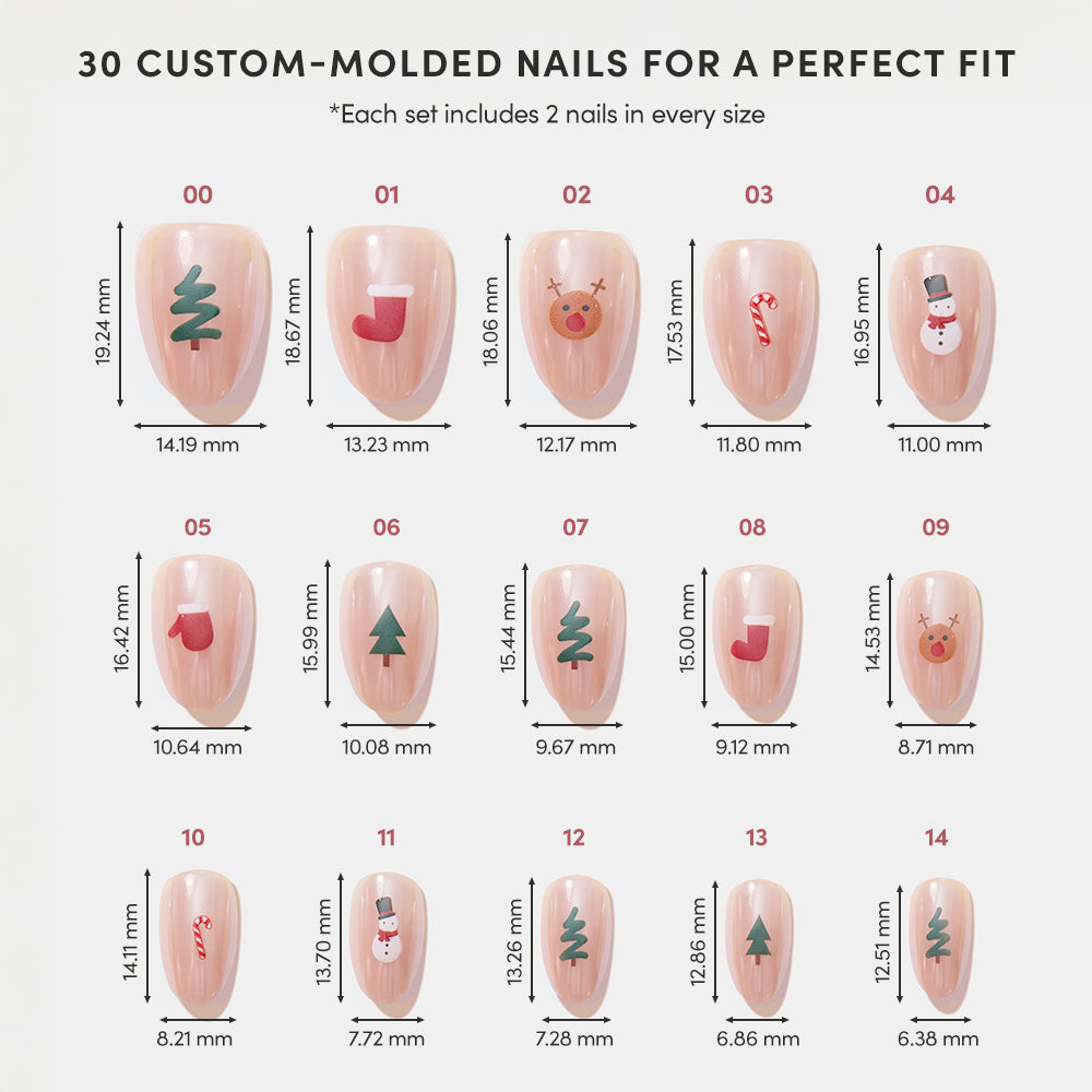 Santa's Babies - A sizing chart for the Santa’s Babies glamnetic nail set, featuring fifteen salon-quality nail designs with numerical labels and precise height and width measurements for each size.