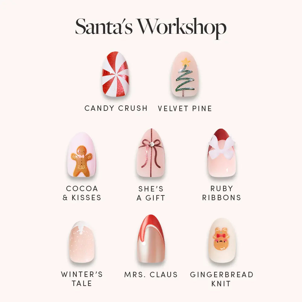 Celebrate the season with glamnetic's Santa's Workshop—a holiday press-on nail set featuring nine festive designs, including candy cane, Christmas tree, gingerbread man, ribbon bow, and more, each labeled with playful names for perfect party nails.