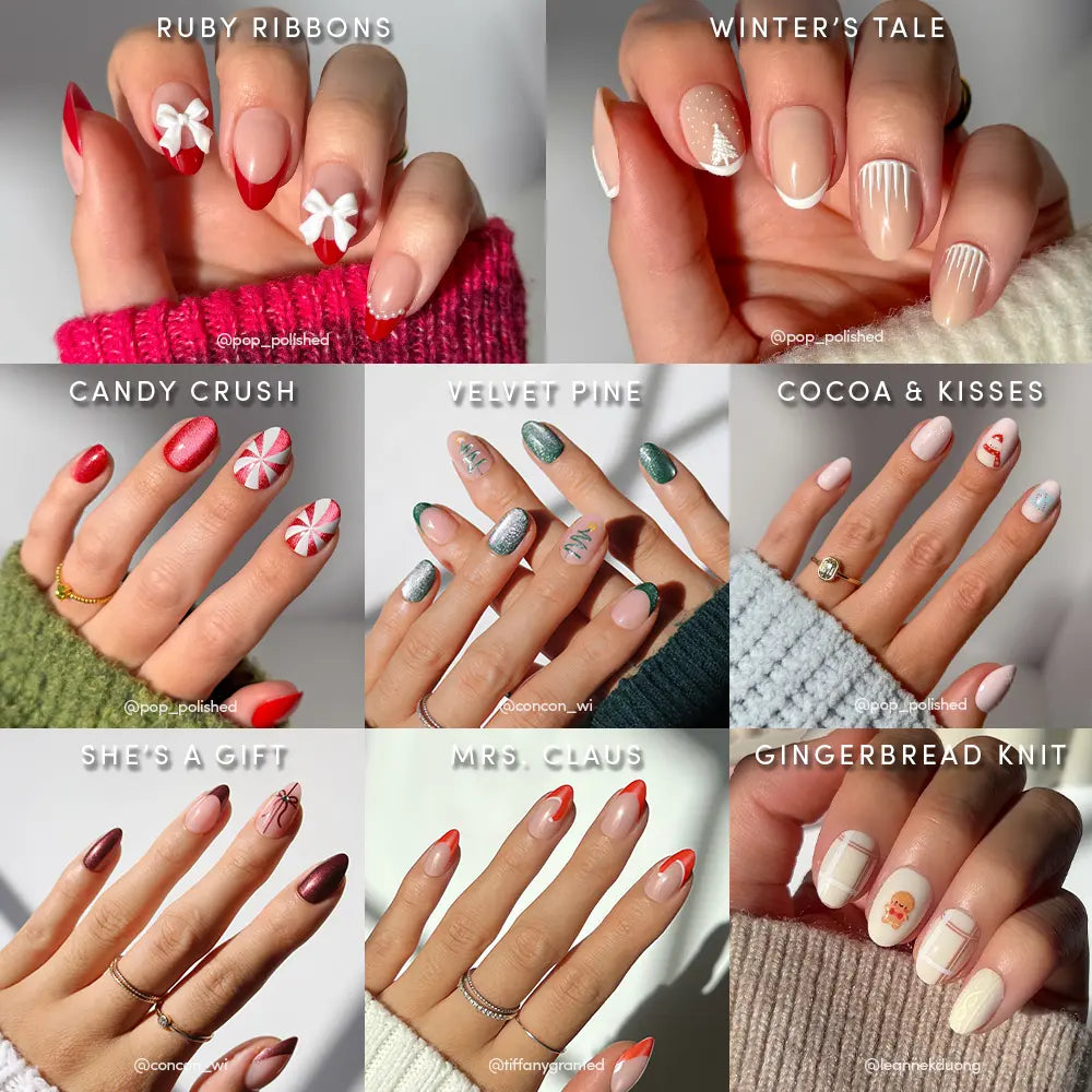 Santa's Workshop by glamnetic features nine festive manicures with Christmas nail designs like bows, snowflakes, candy canes, pine trees, cocoa cups, gift wrap, Santa hats, and a gingerbread man—the perfect holiday nail set.