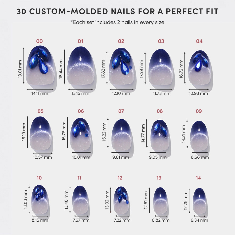 Chart displaying 15 sizes of glamnetic Sapphire custom-molded press-on nails in a blue ombre design. Each short oval nail shows its width and length in mm, helping illustrate fit for various nail sizes. - Product image