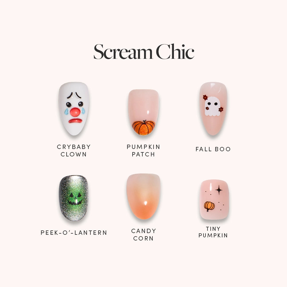 Glamnetics Scream Chic features five Halloween-inspired nail designs: sad clown, pumpkin, ghost, glittery green jack-o-lantern, and orange ombre candy corn—perfect for your next spooky nail set. - Product image