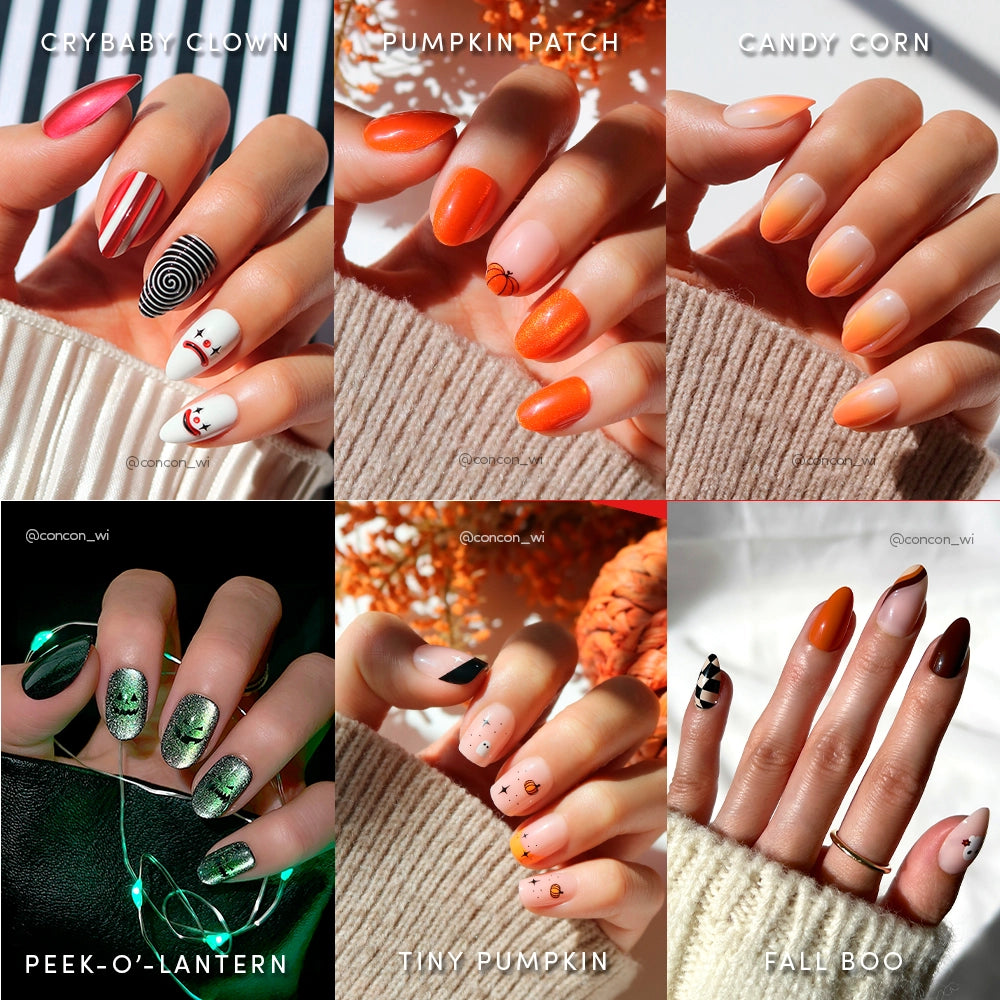 A collage of five Halloween nail designs from glamnetic’s Scream Chic set: clown stripes, orange with spiders, candy corn colors, spooky green with black pumpkins, and geometric autumn. SCREAM CHIC appears at the center. - Product image