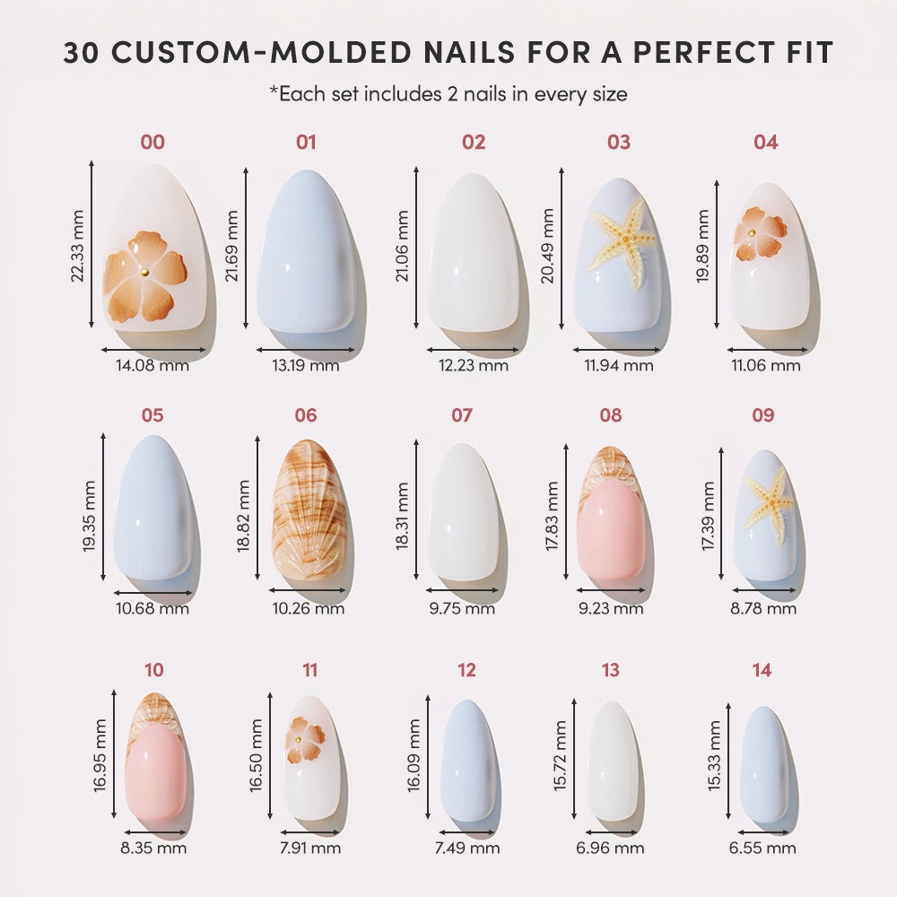 A chart showcases 15 glamnetic Sea Star Press-On Nail Set designs in assorted sizes, with floral motifs, starfish, and 3D shell accents. Includes mm measurements and features a set of 30 custom-molded nails for a flawless fit. - Product image