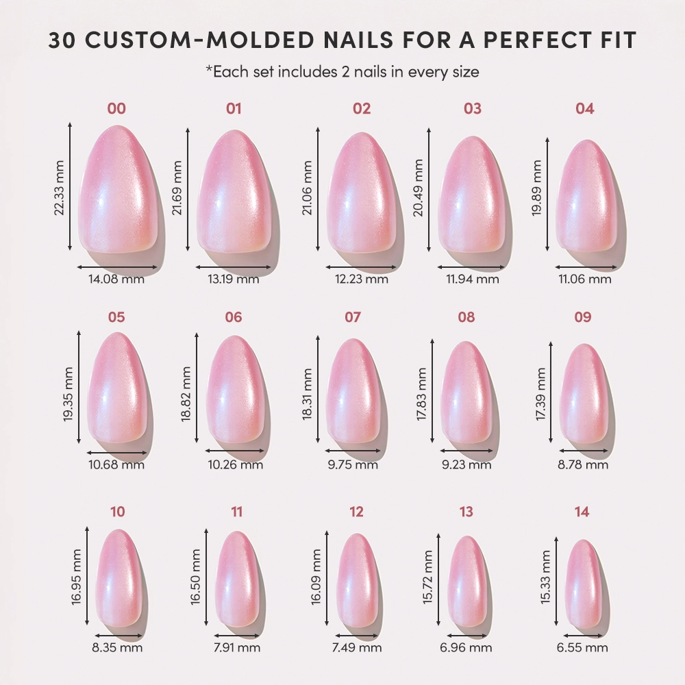 A chart displays 15 sizes of glamnetic Seaspell custom-molded pink shimmering velvet finish press-on nails, each numbered with width and length in millimeters. Title: Seaspell Press-On Nail Set by glamnetic for a Perfect Fit. - Product image