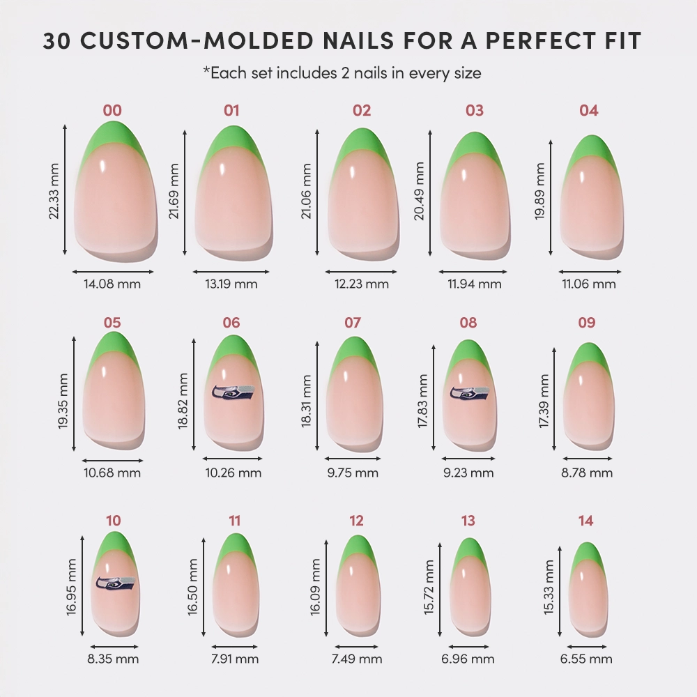 The glamnetic Seattle Seahawks Press-On Nail Set features 15 sizes of custom-molded, almond-shaped nails with green tips. Each set includes two labeled fan fingers per size, perfect for almond manis or showing your Seahawks spirit. - Product image