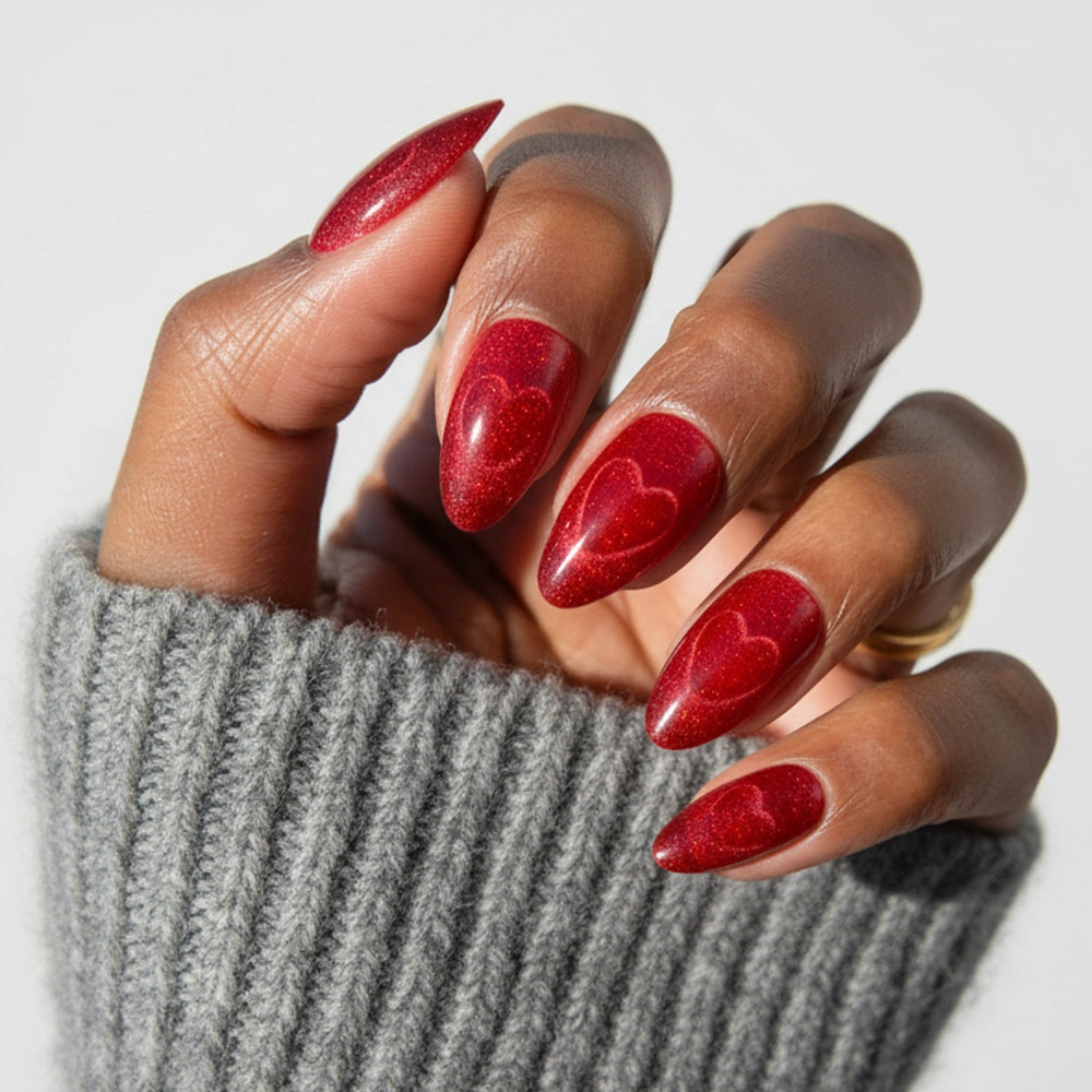 A hand with long, almond-shaped Sent with Love nails by glamnetic, featuring subtle heart designs and a red velvet finish, is shown against a light background. The person wears a gray ribbed sweater sleeve.