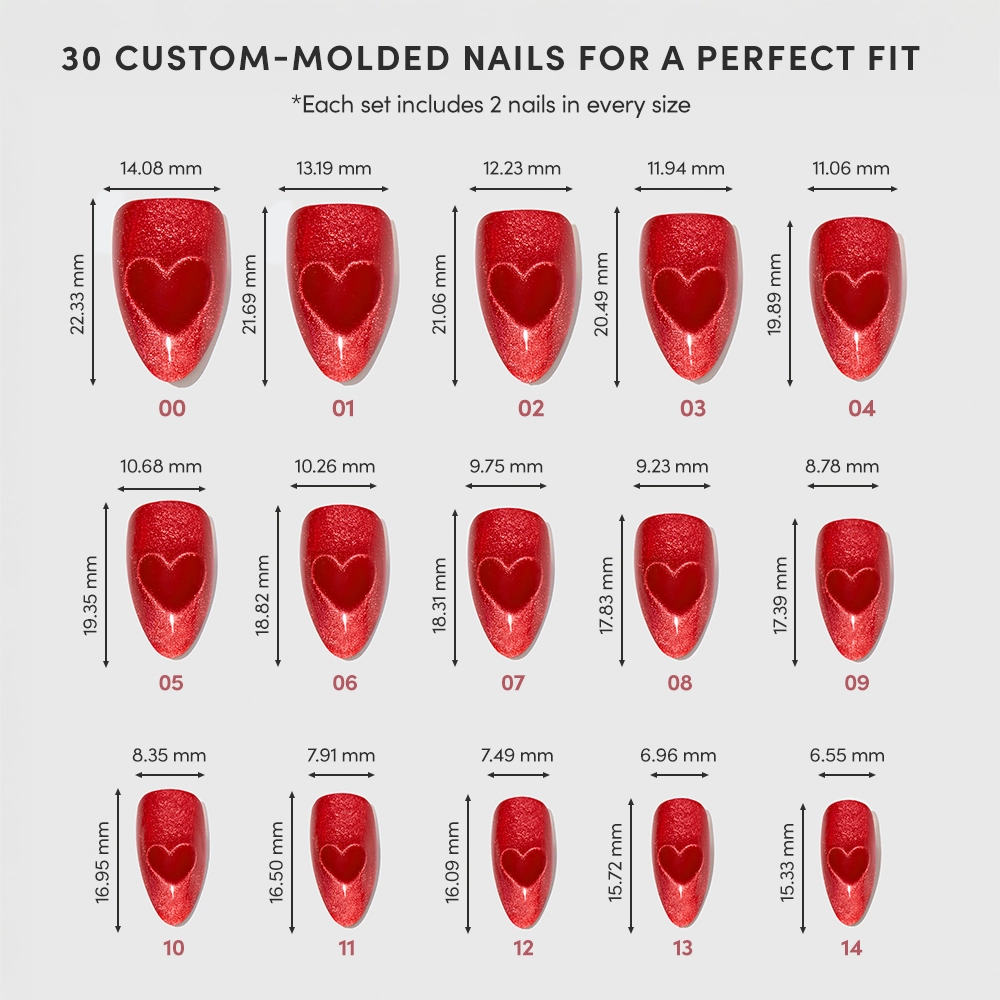 A chart displays 15 sizes of Sent with Love by glamnetic—red velvet, heart-decorated, custom-molded short almond press-on nails—each labeled 01–15 with width and height in millimeters. - Product image