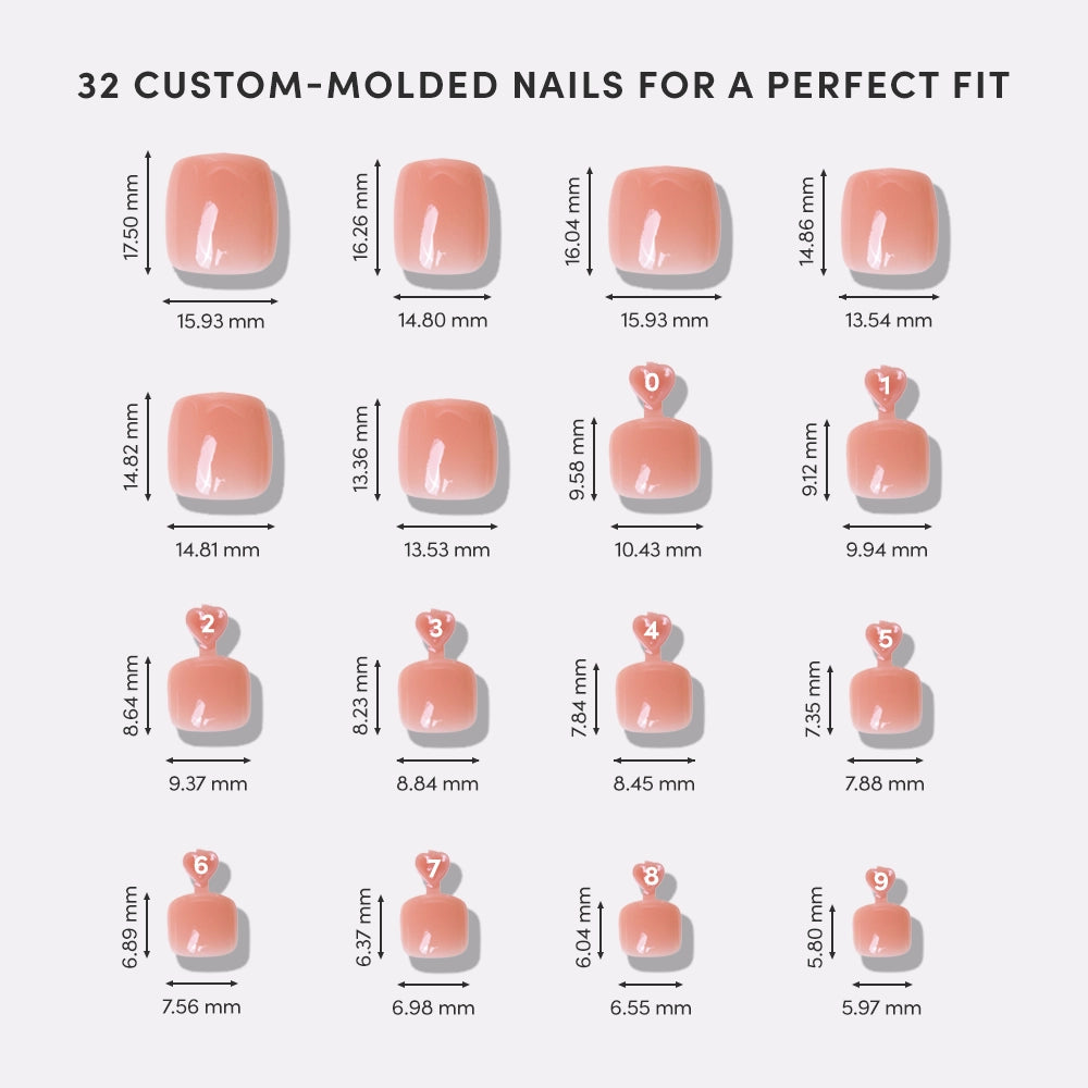A visual layout of 32 custom-molded coral-toned press-on toenails arranged by size, with dimensions in millimeters for a precise fit. - Product image