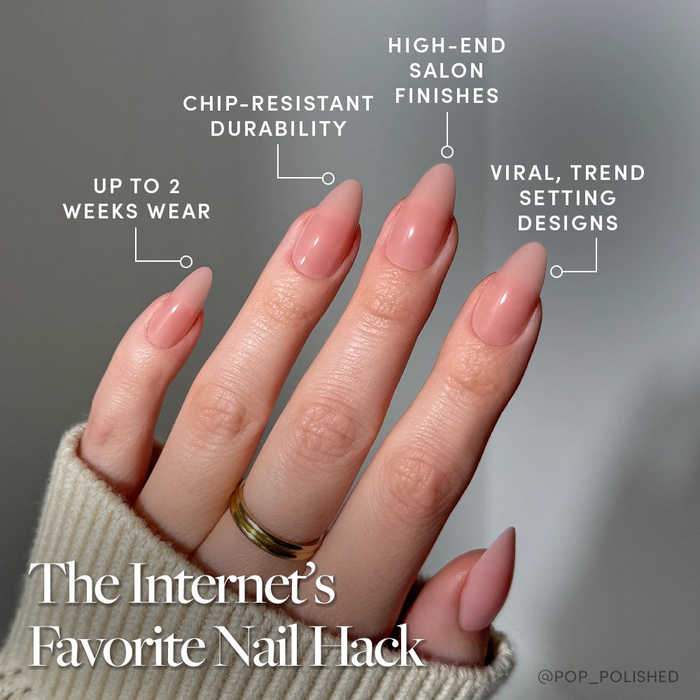 Sheer Pink by glamnetic features long, almond-shaped, nude-pink nails for a trendy, durable mani—a must-have for the soft-glam aesthetic. The internet’s favorite nail hack!. - Product image