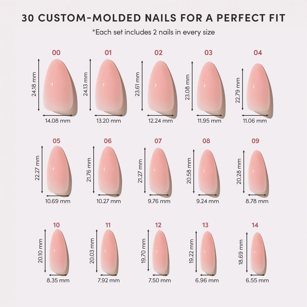 A chart of glamnetics Sheer Pink custom-molded artificial nails in 15 sizes (00–14), each labeled with height and width in millimeters, arranged in a grid on a light background—your soft-glam staple. - Product image