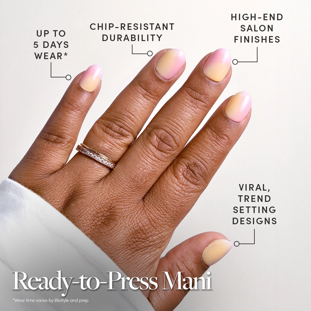 A close-up shows a hand wearing Sherbert by glamnetic—gradient pastel pink and yellow stick-on nails. Features highlighted: up to 5 days wear, chip-resistant durability, high-end salon finish, and trending designs. - Product image