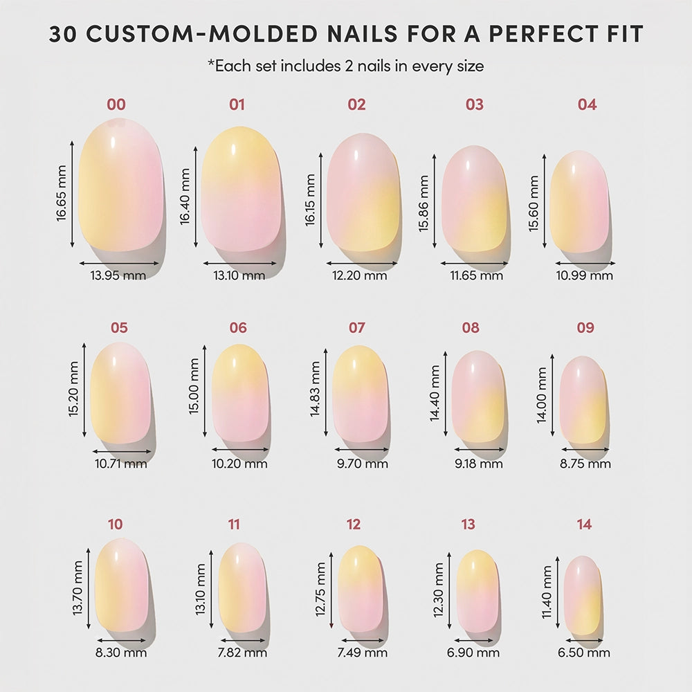 A chart shows 15 sizes of glamnetic Sherbert custom-molded press-on nails, each in a gradient pink-yellow color, numbered and labeled with detailed length and width for the perfect fit. Ideal for easy, glue-free application. - Product image
