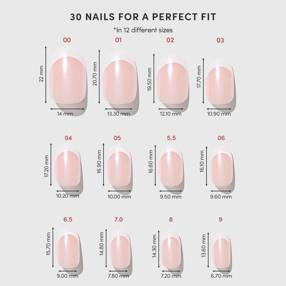 A chart for glamnetic’s She’s a Pearl press-on nails displays 12 numbered sizes, each showing its length and width in millimeters for a perfect French Tip Manicure. Nails are arranged from largest to smallest for the ideal fit. - Product image