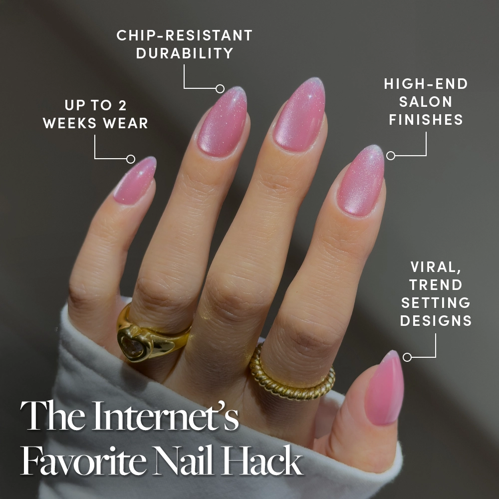 A hand wears gold rings and features the glamnetic Shine for You set: long, rosy pink velvet gradient nails. Enjoy chip-resistant durability, up to 2 weeks’ wear, high-end salon finishes, and viral designs. - Product image