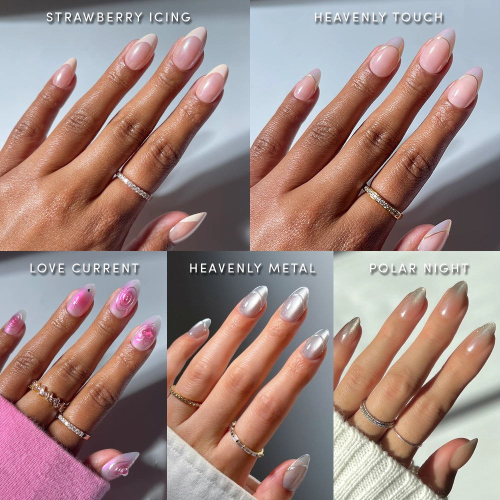 A 5-panel collage showing manicured hands with different nail color options and ring wear. Panels are labeled Strawberry Icing, Heavenly Touch, Love Current, Heavenly Metal, and Polar Night. - Product image