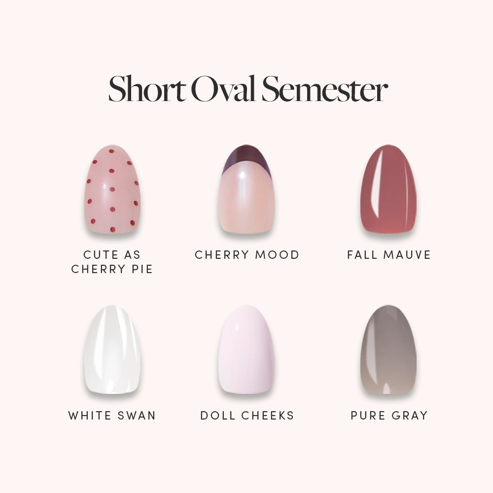 Six short oval nails from the glamnetic Short Oval Semester set are displayed in an array of colors: pink with red dots, light pink with a maroon tip, mauve, white, pale pink, and taupe—each labeled with a unique name underneath. This curated press-on nail set delivers salon-quality results and a long-lasting manicure in minutes. - Product image