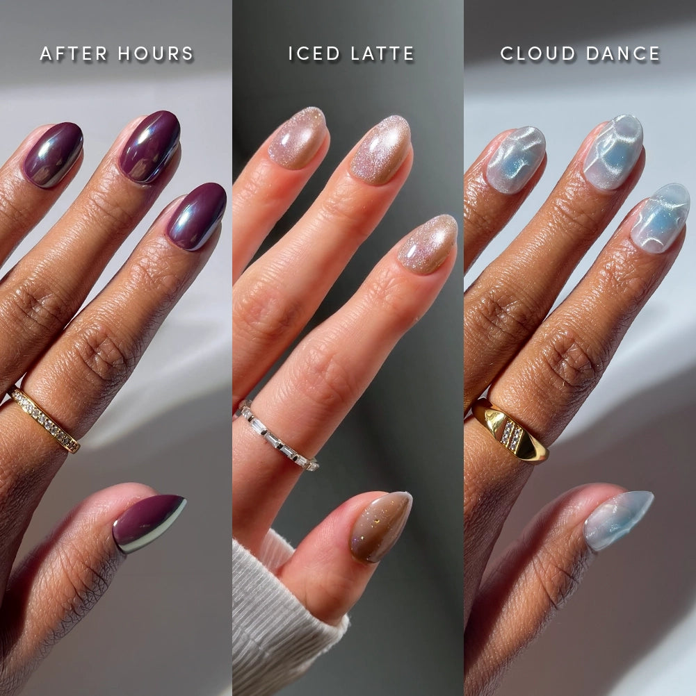Three vertical panels show close-up views of a hand with different manicure options labeled AFTER HOURS, ICED LATTE, and CLOUD DANCE. The nails are glossy and styled in distinct colors: deep plum, champagne nude, and pale icy blue with cat-eye shimmer. - Product image