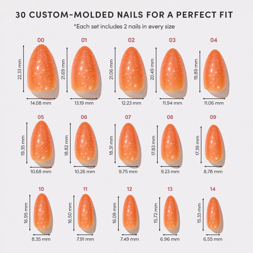 A chart displays 15 almond orange glitter press-on nail sizes from the glamnetic Showgirl set, each numbered and labeled with width and length in millimeters, arranged largest to smallest. - Product image
