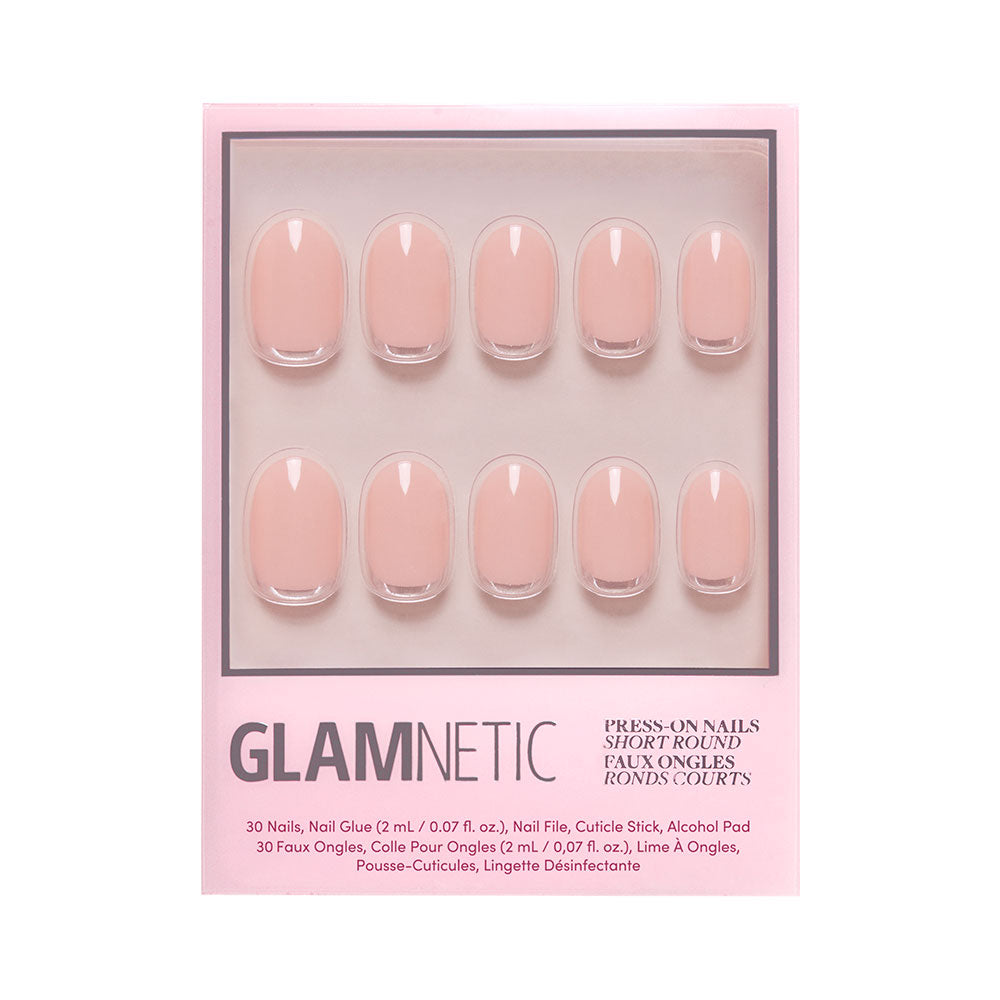 A box of glamnetic Silver Belle press-on nails in a short round shape. This reusable set includes 10 display nails, nail glue, a cuticle stick, and an alcohol pad for effortless application and flawless results. - Product image