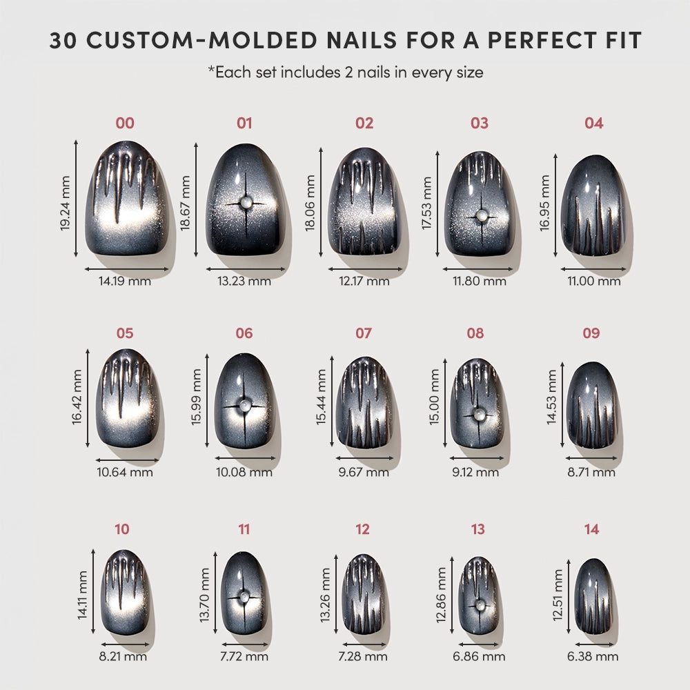 Here’s a revised sentence using your product data: A sizing chart for the Silver Daggers by glamnetic displays 30 custom-molded press-on nails (15 sizes, two of each) featuring dark metallic, textured finishes. Each nail is labeled with a size number (00–14) and its precise height and width measurements in millimeters. - Product image