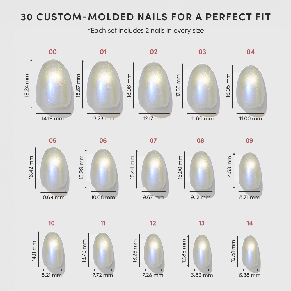 A chart displays 15 sizes of glamnetic's Silver Siren semi-sheer grey nails, each labeled with number, width, and height in millimeters. Arranged in three rows, the nails offer a range of custom-molded sizes for a perfect fit. - Product image