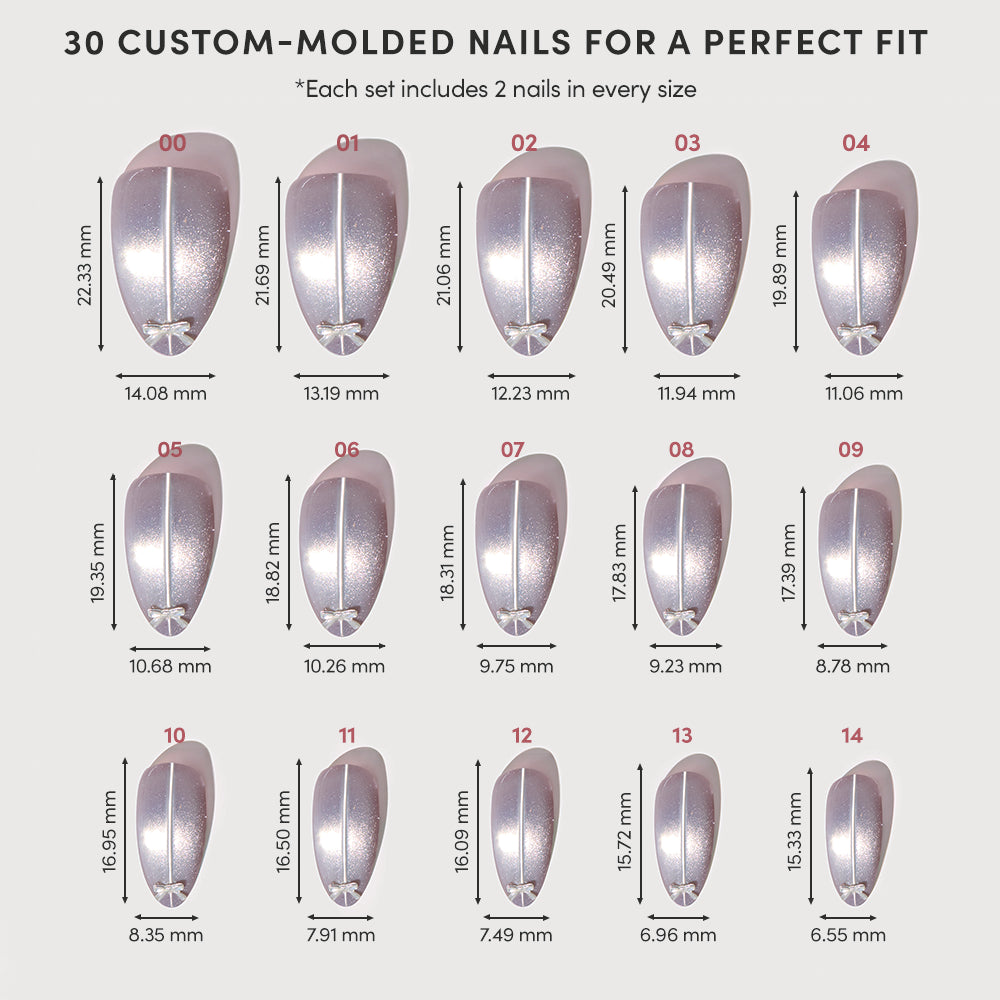 Thirty Silver Stockings almond-shaped press-on nails with a grey velvet finish arranged in three rows, each labeled with a size number and its specific length and width measurements in millimeters. - Product image