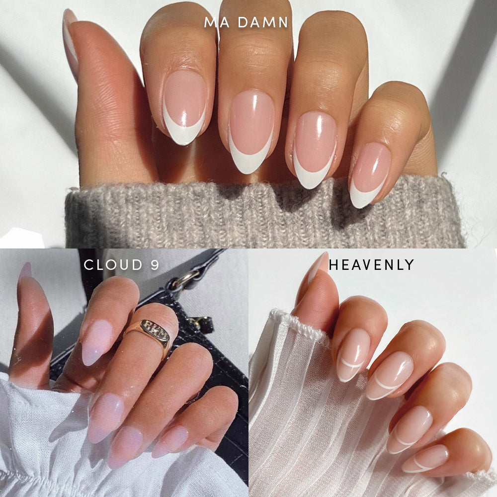 A collage of three manicured nail styles—bold white French tips, sheer pale pink, and glossy nude—showcases Simple & Clean by glamnetic. The text reads Simple & Clean and glamnetic. - Product image
