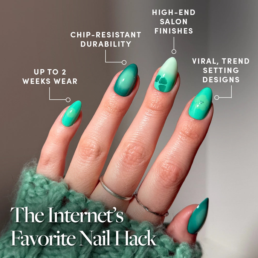 Show off long, almond-shaped Siren Green Press-On Nails by glamnetic in a mermaid-inspired aquamarine gradient. Enjoy chip-resistant durability, up to 2 weeks of wear, and viral trend-setting style. - Product image