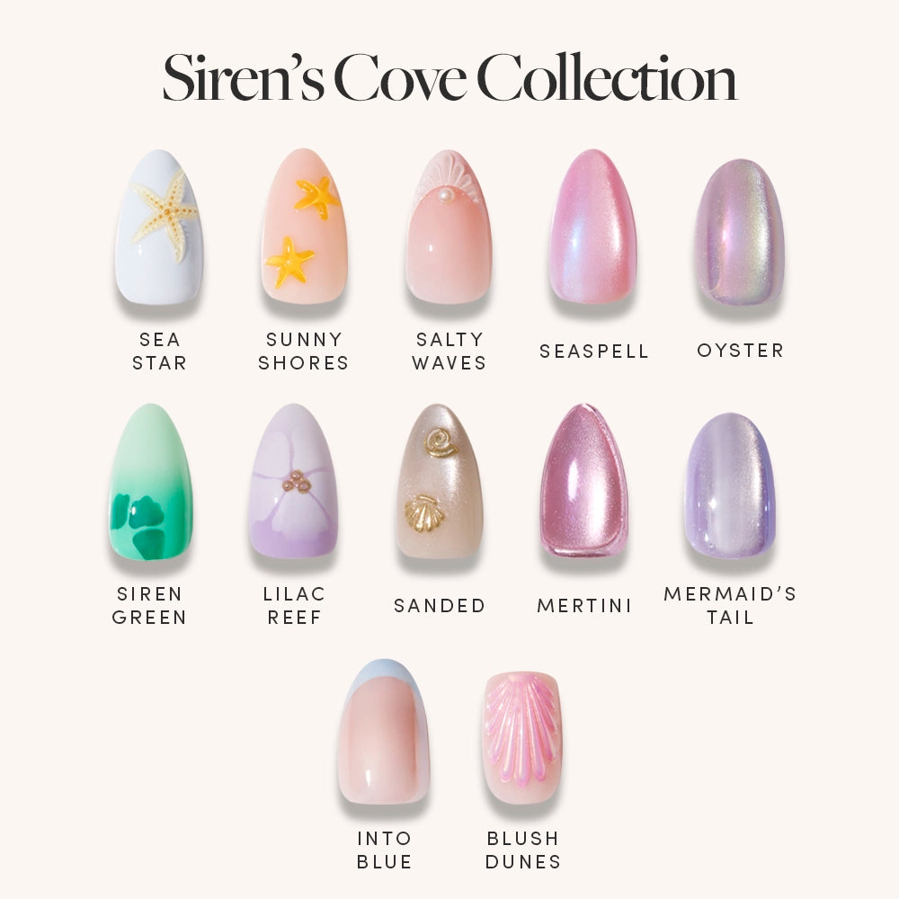 The Sirens Cove Collection by glamnetic features 12 press-on nails in pastel, ocean-inspired designs like Sea Star and Sunny Shores, each with unique names and stunning 3D nail art on a white background. - Product image