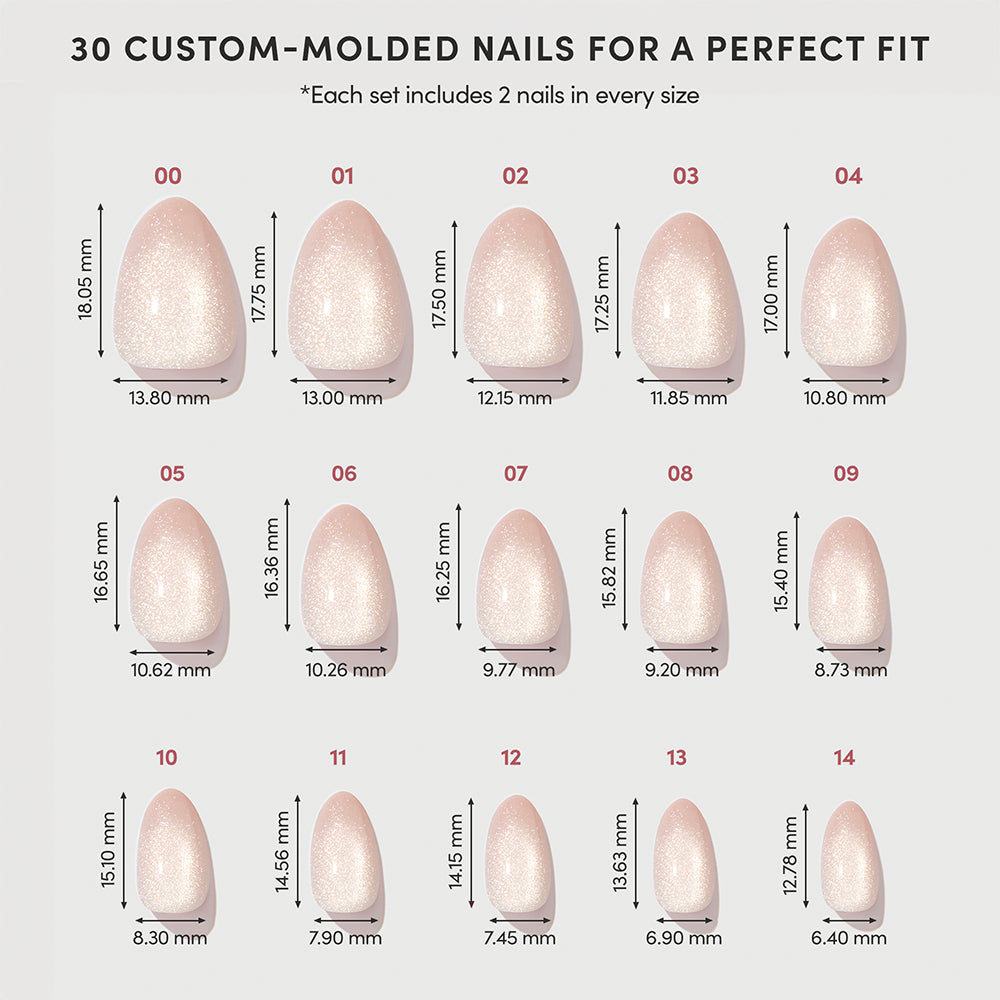 A chart of 30 extra short almond Snow Haze nails by glamnetic in a shimmering light pink finish, displayed in 15 numbered sizes with height and width measurements for each. - Product image
