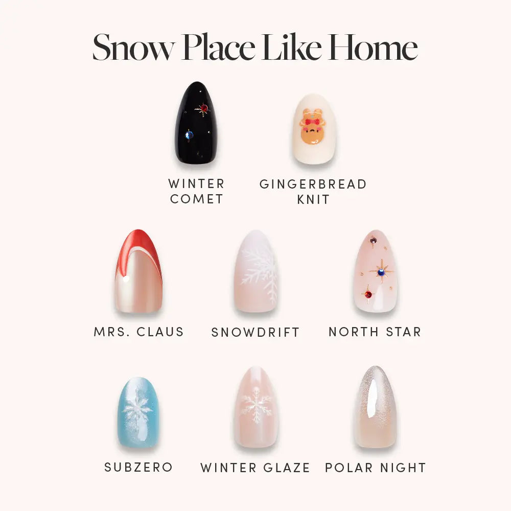 Introducing the glamnetic Snow Place Like Home Collection, a festive press-on nails set featuring eight unique winter holiday designs: Winter Comet, Gingerbread Knit, Mrs. Claus, Snowdrift, North Star, Subzero, Winter Glaze, and Polar Night.