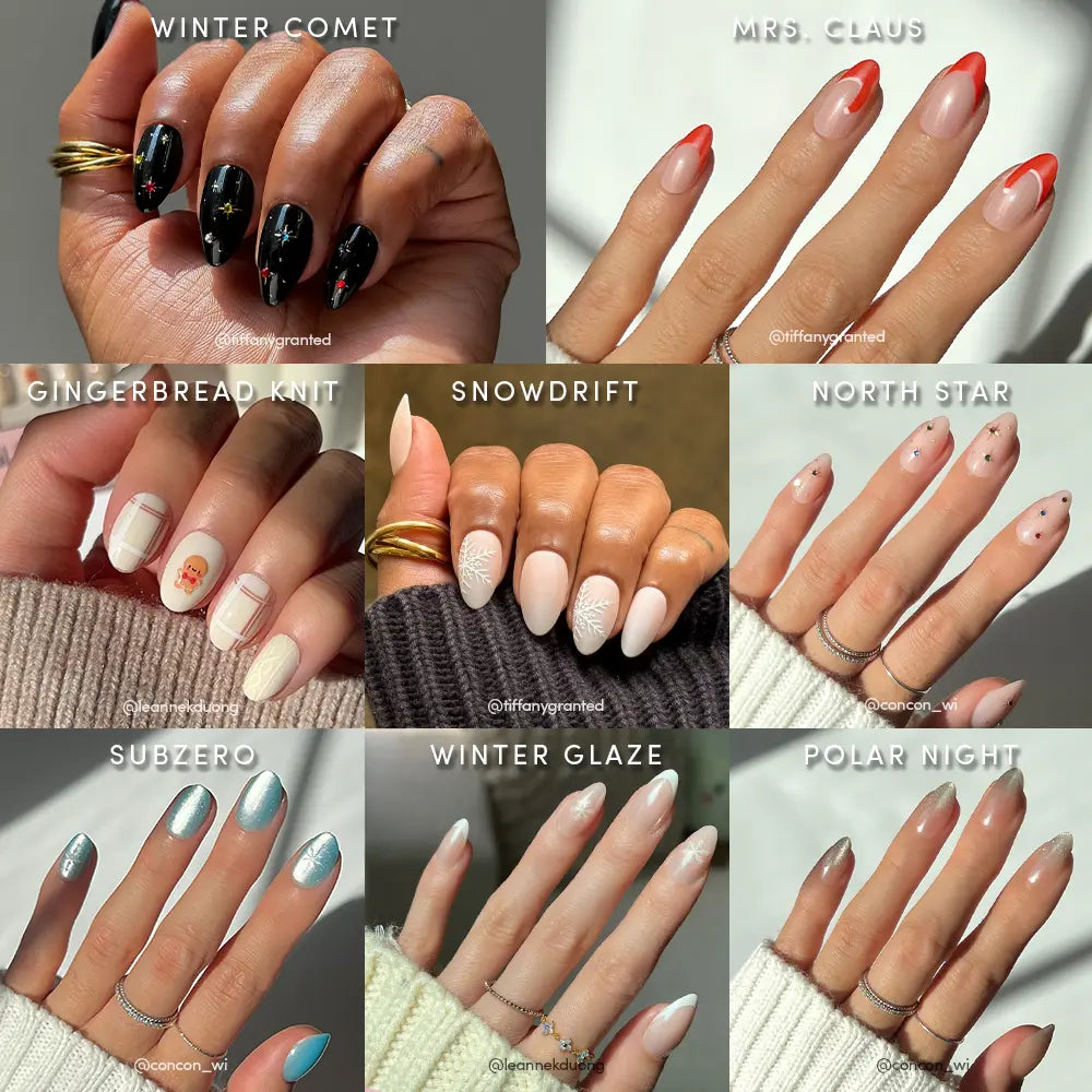 A grid of nine close-up photos shows hands with holiday nail designs from the glamnetic Snow Place Like Home Collection, each labeled with names like Winter Comet, Mrs. Claus, Gingerbread Knit, Snowdrift, and North Star.