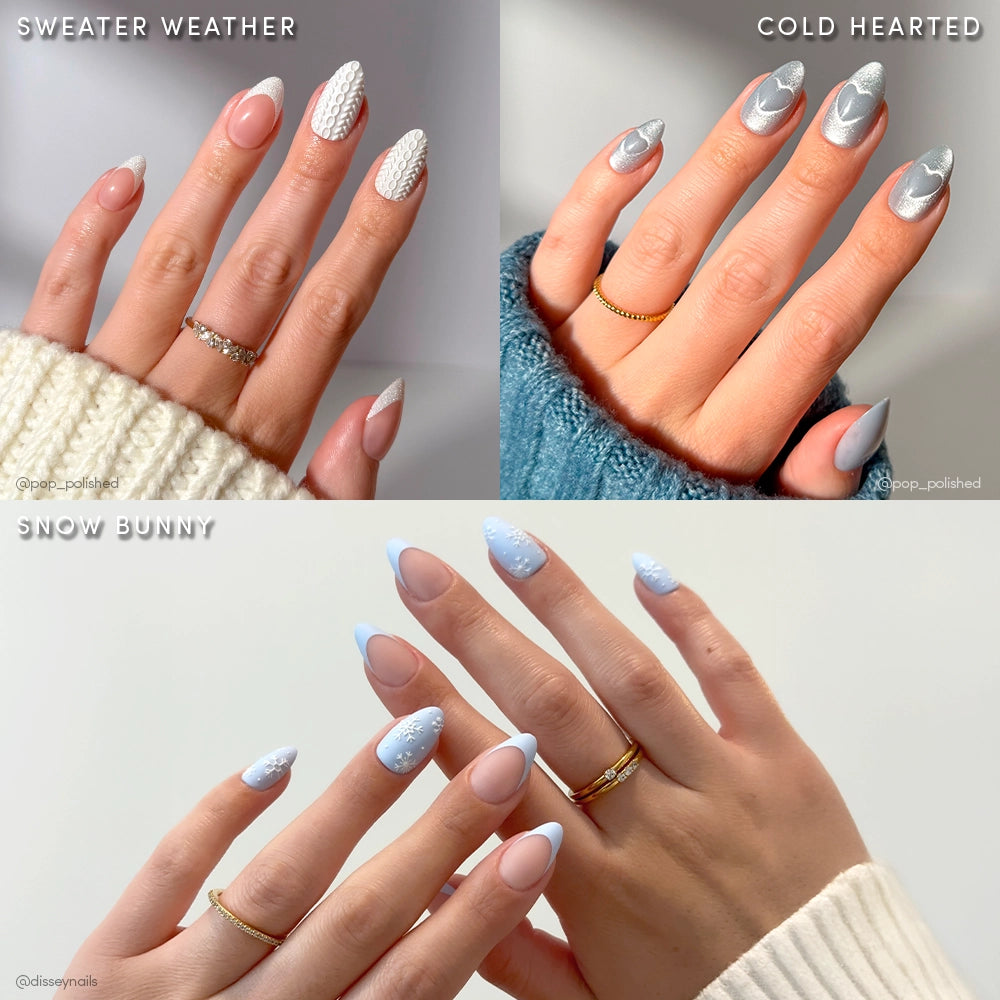 A collage of three winter-themed manicures: “Snow Play” by glamnetic with soft blue and glitter French tips, a textured short almond set, and a 3D-detailed winter nail design.