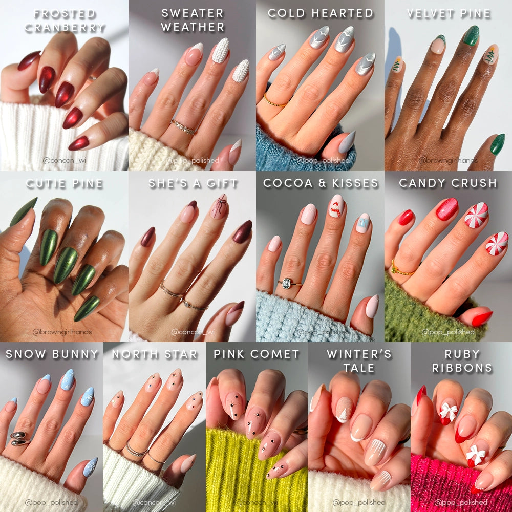 Collage of 16 manicured hands, each with unique holiday or winter nail art from the Snowed In Collection by glamnetic. Each design has a creative name—showcasing festive patterns and colors for your next seasonal nail inspiration.