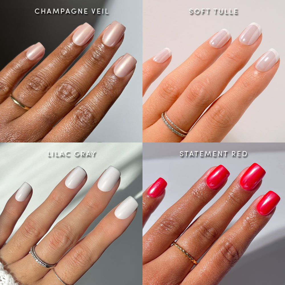 Four hands with perfectly manicured nails, each sporting a different shade from glamnetic’s SoHo Squovals: Champagne Veil (nude), Soft Tulle (pale pink), Lilac Gray (light gray), and Statement Red (bright red). This long-lasting set features short squoval press-ons for a flawless, salon-quality look in every color.