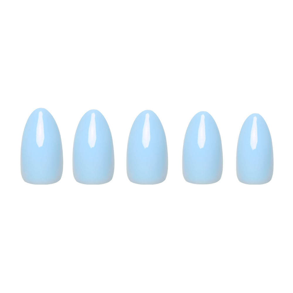 Five short almond-shaped glamnetic Soft Blue artificial nails with a glossy pastel blue finish are arranged neatly in a row, creating a beautiful contrast against the white background. - Product image