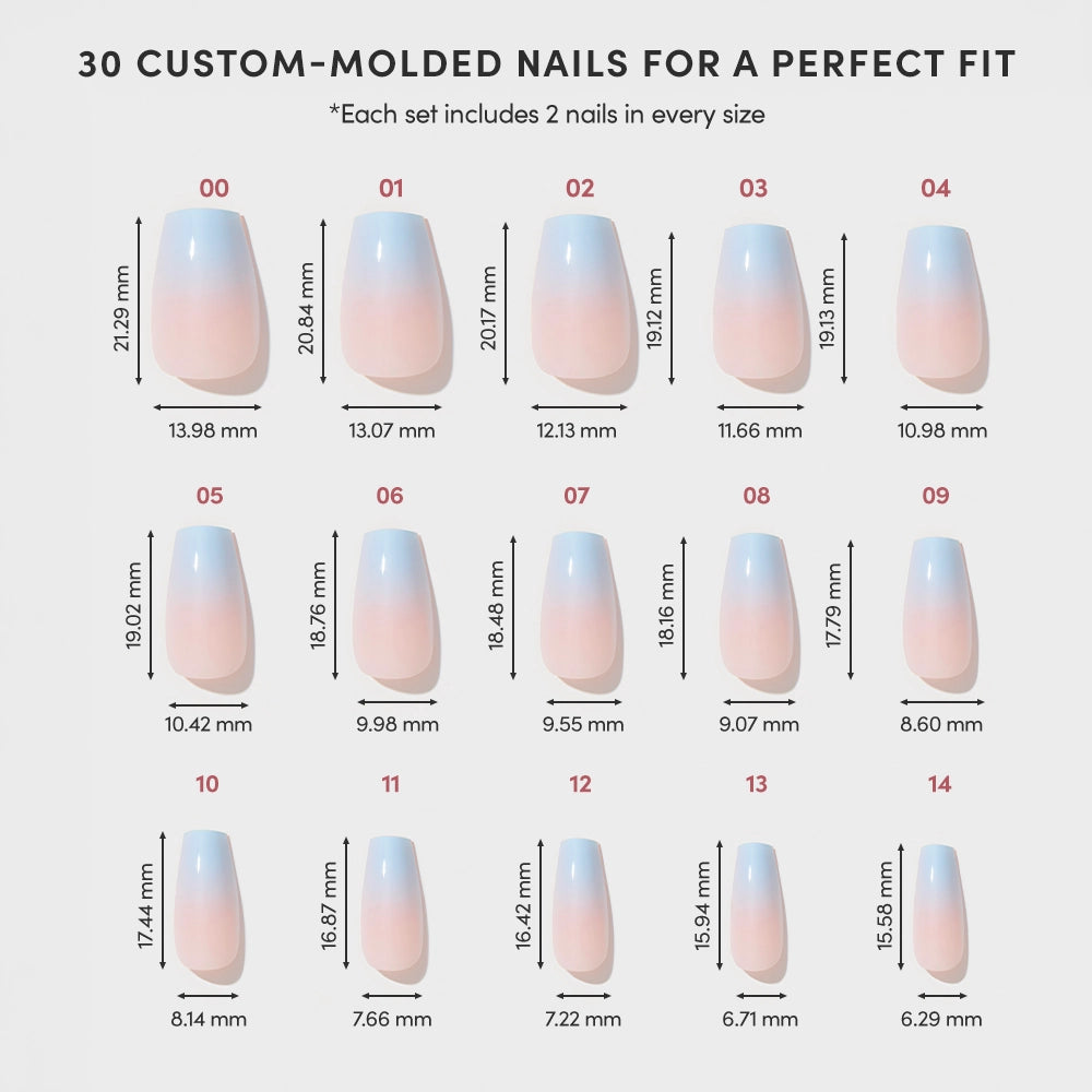 Chart displaying 15 sizes of glamnetic’s Soft Skyline custom-molded press-on nails, with millimeter measurements for length and width. Each coffin-shaped nail features a gradient Nude-to-Blue Ombré design, pictured above its size number from 0 to 14. - Product image