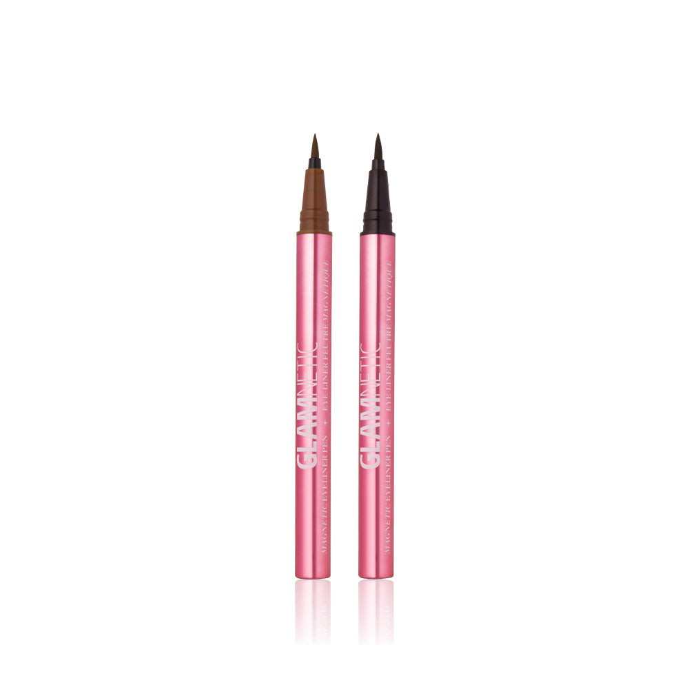 Two pink-cased glamnetic Magnetic Eyeliner Pen Duo liners—one brown, one black—stand upright with caps off on a white background, offering highly pigmented color for bold, defined eyes. - Product image