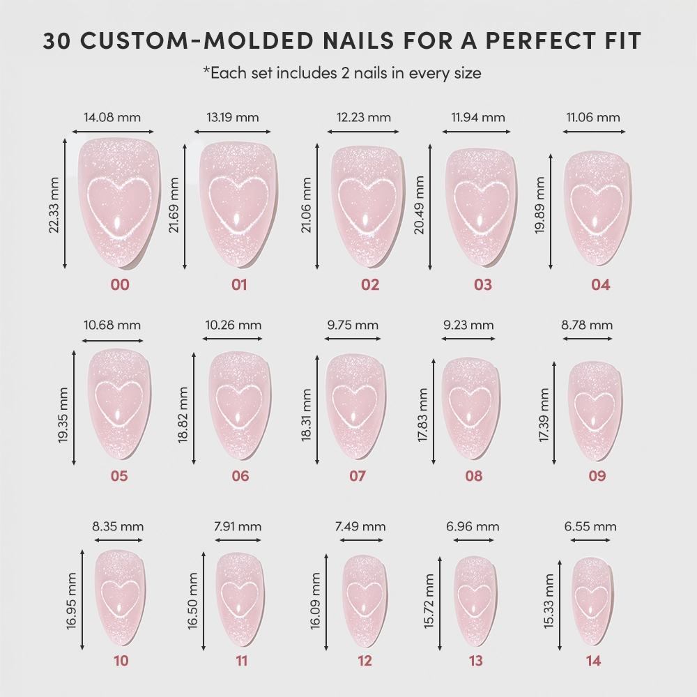 Diagram featuring 15 pairs of glamnetic Soulmate Energy nude-pink velvet nails with white heart designs, arranged by size and labeled with width and length. Text above highlights 30 soulmate nails for the perfect fit. - Product image